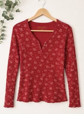 Y2K Henley Thermal Top M High Sierra Floral Deep Red